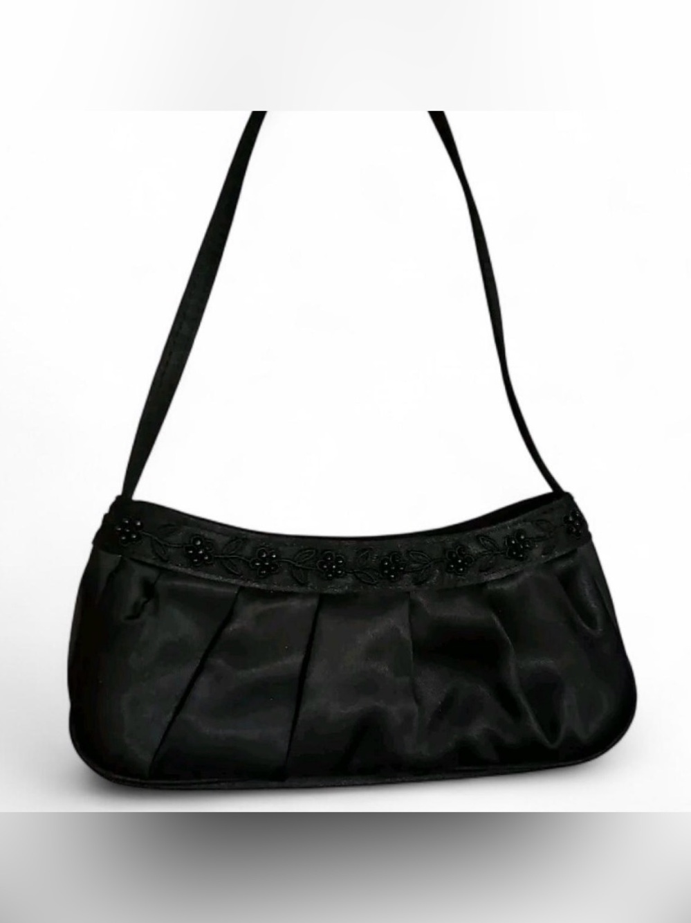 Vintage La Regale Black Satin Pleated Beaded Evening Shoulder Bag